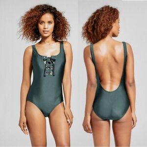 Mossimo Womens Green Grommet Lace Up One Piece Swimsuit Size Small